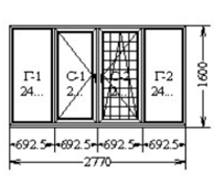  Два двухстворчатых окна с 1 поворотно-откидной створками, б/блок с глухим окном и поворотно-откидной дверью.